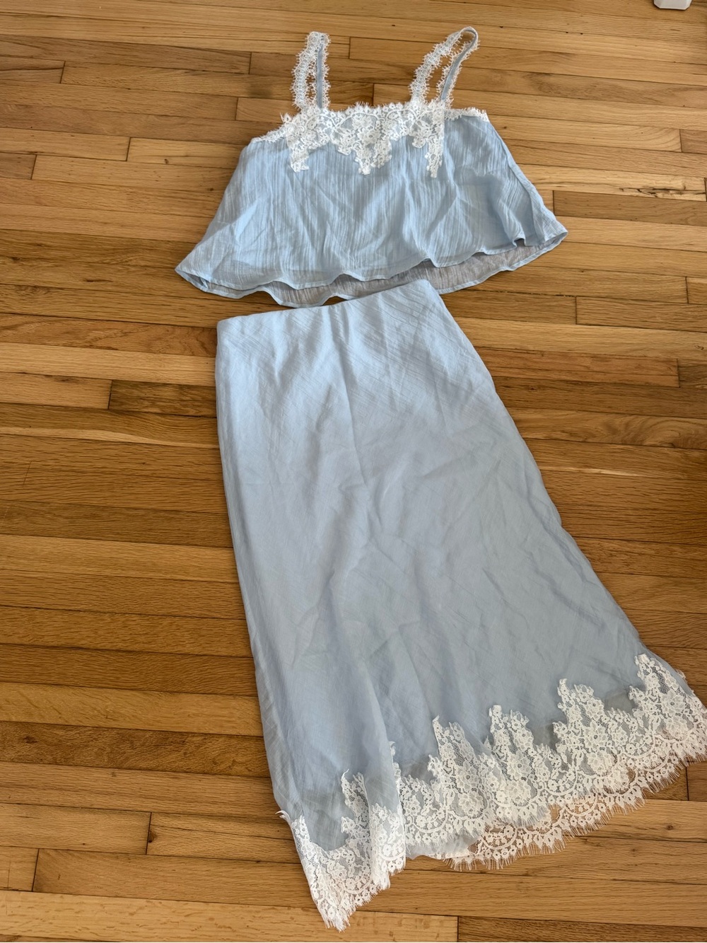 Blue Sheer Linen & Lace Maxi Skirt & Top Set Size medium